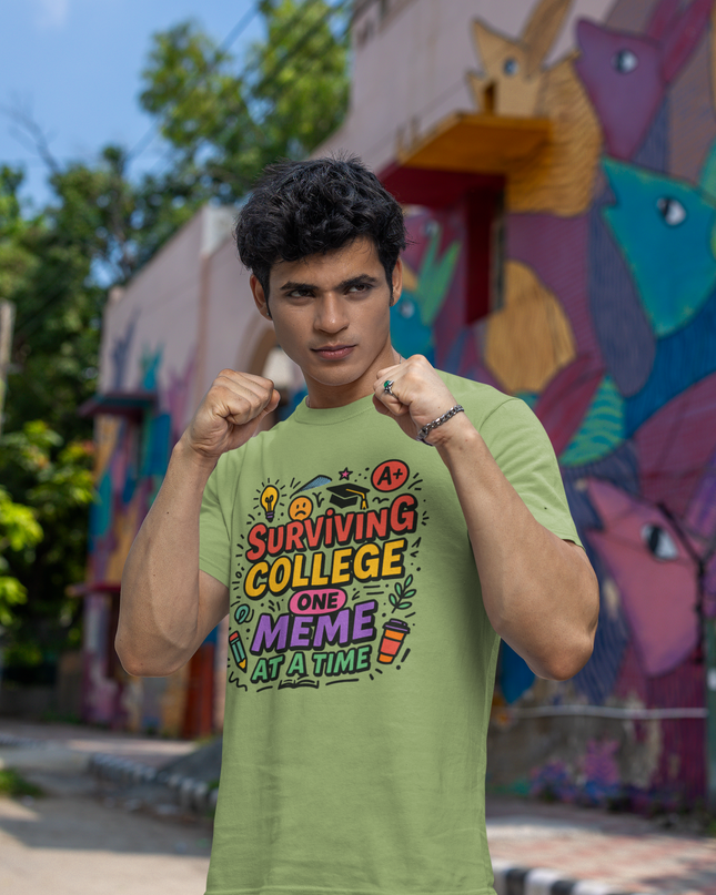 Surviving College One Meme at a Time Round Neck T-Shirt - Inkstring