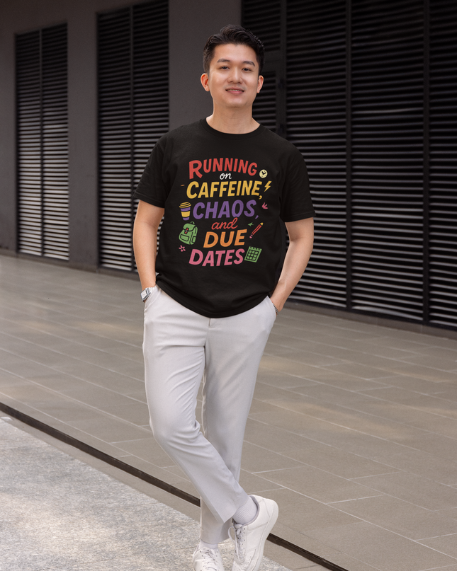 Running on Caffeine Chaos and Due Dates - Round Neck T-Shirt - Inkstring