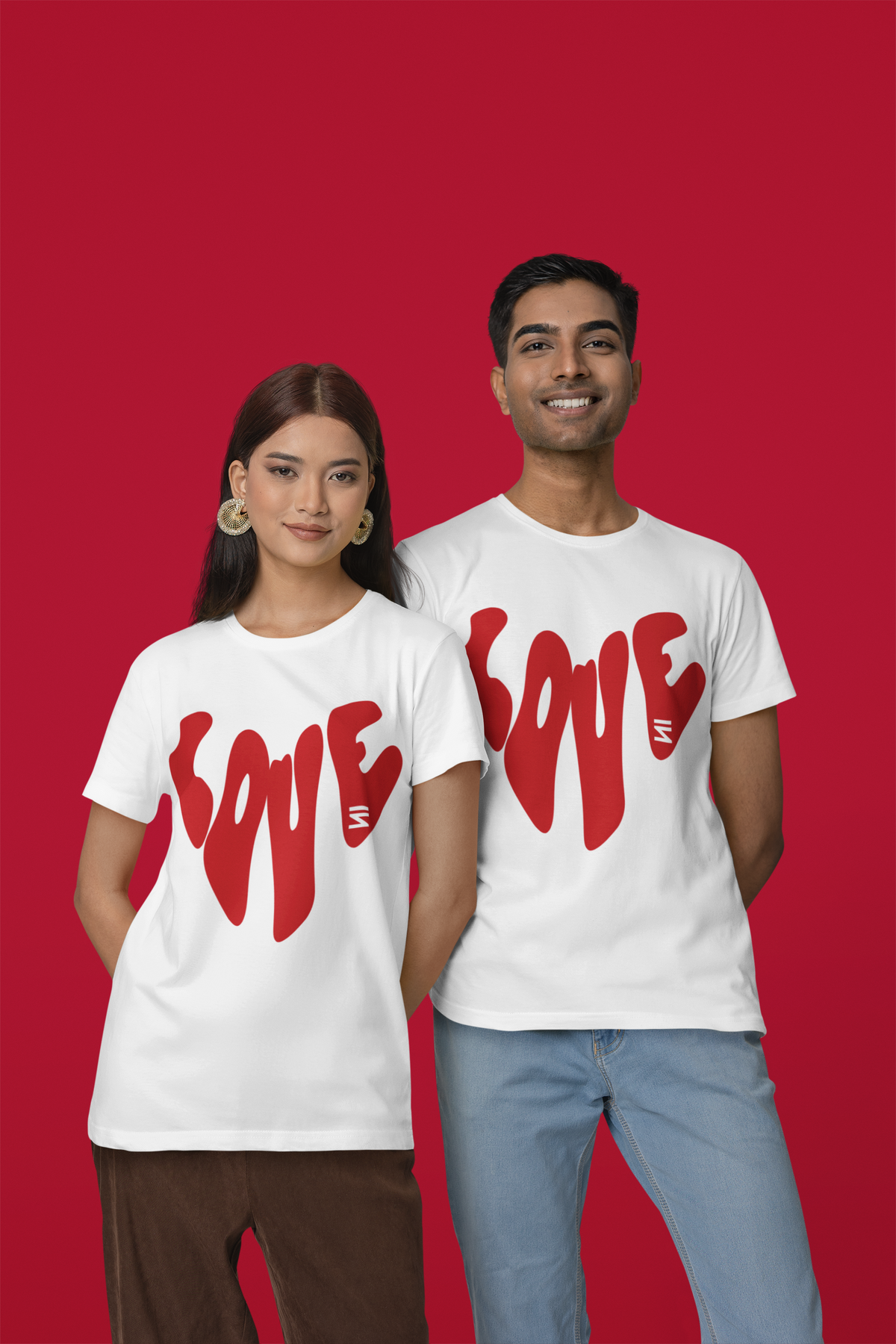 Love Heart Graphic Printed - Round Neck T-Shirt - Couple