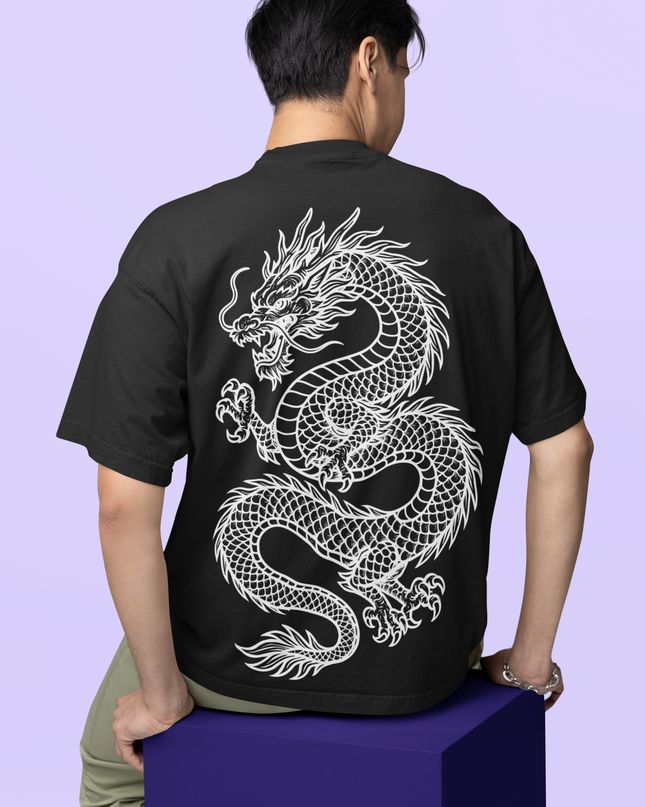 Dragon Line Art Artwork Printed Oversized T-Shirt - Unisex - Inkstring
