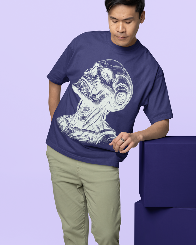 Robotic Skull Artwork Printed Oversized T-Shirt - Unisex - Inkstring